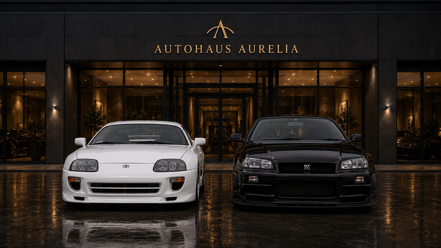 Toyota und Nissan Supra Mk4 und Skyline GT-R R34 in Super White II und Bayside Blue