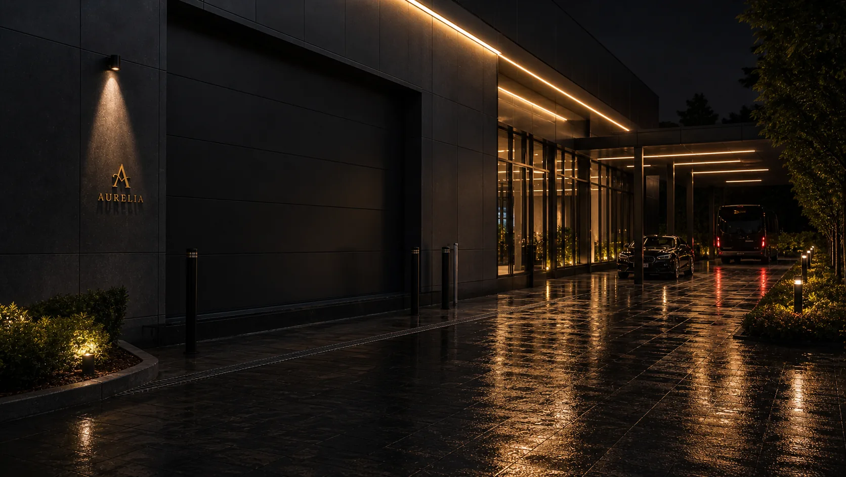 Servicezufahrt von Aurelia Automobile bei Nacht