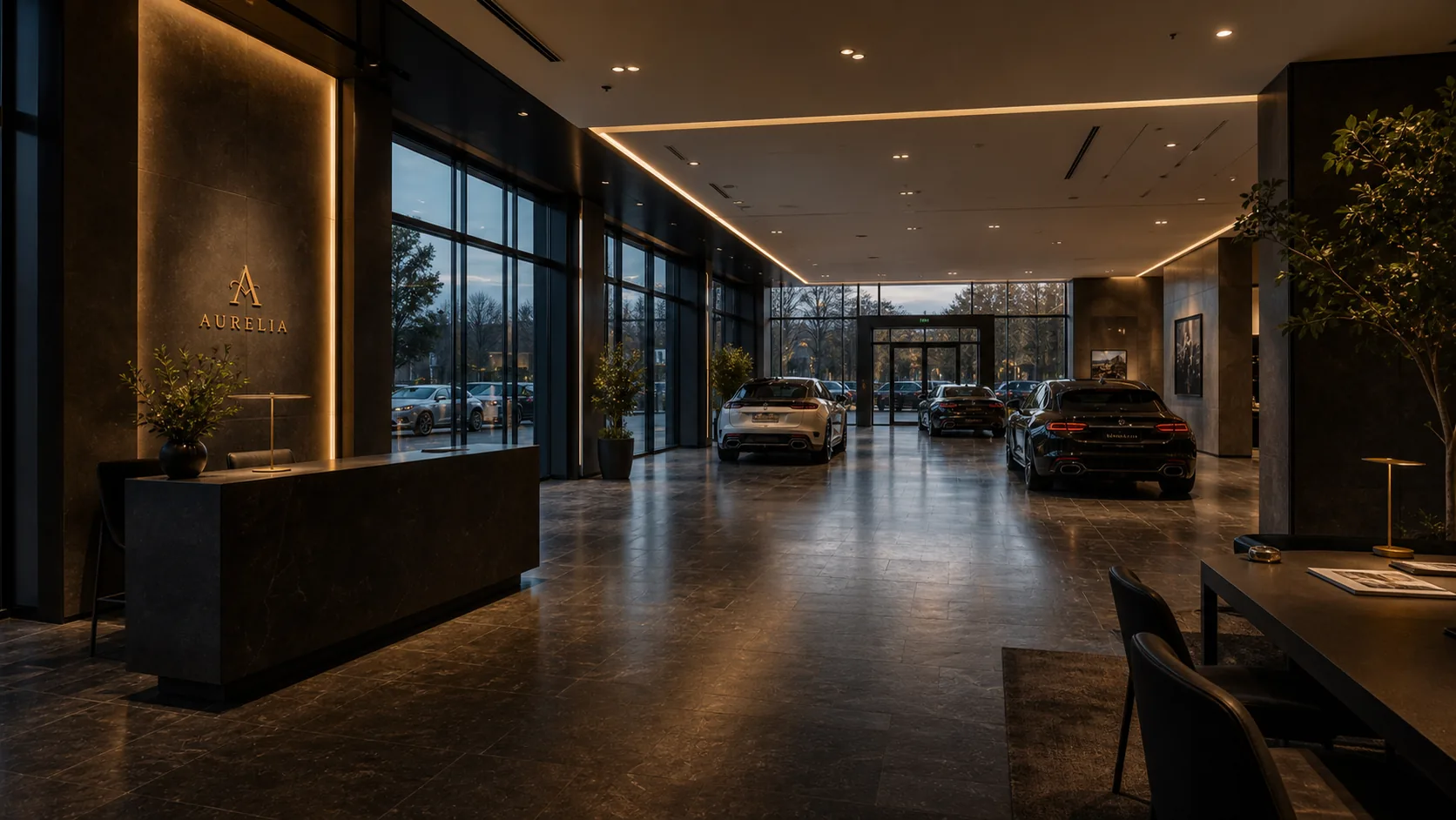 Showroom von Aurelia Automobile mit Empfang und Fahrzeugen