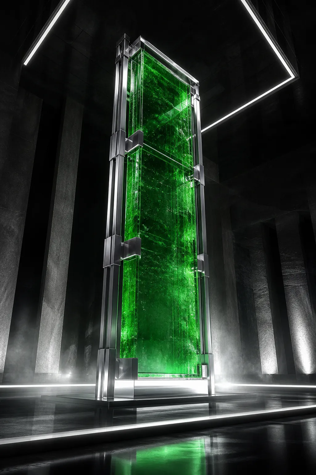 Monumentaler grüner Glasmonolith in einer dunklen Galerie
