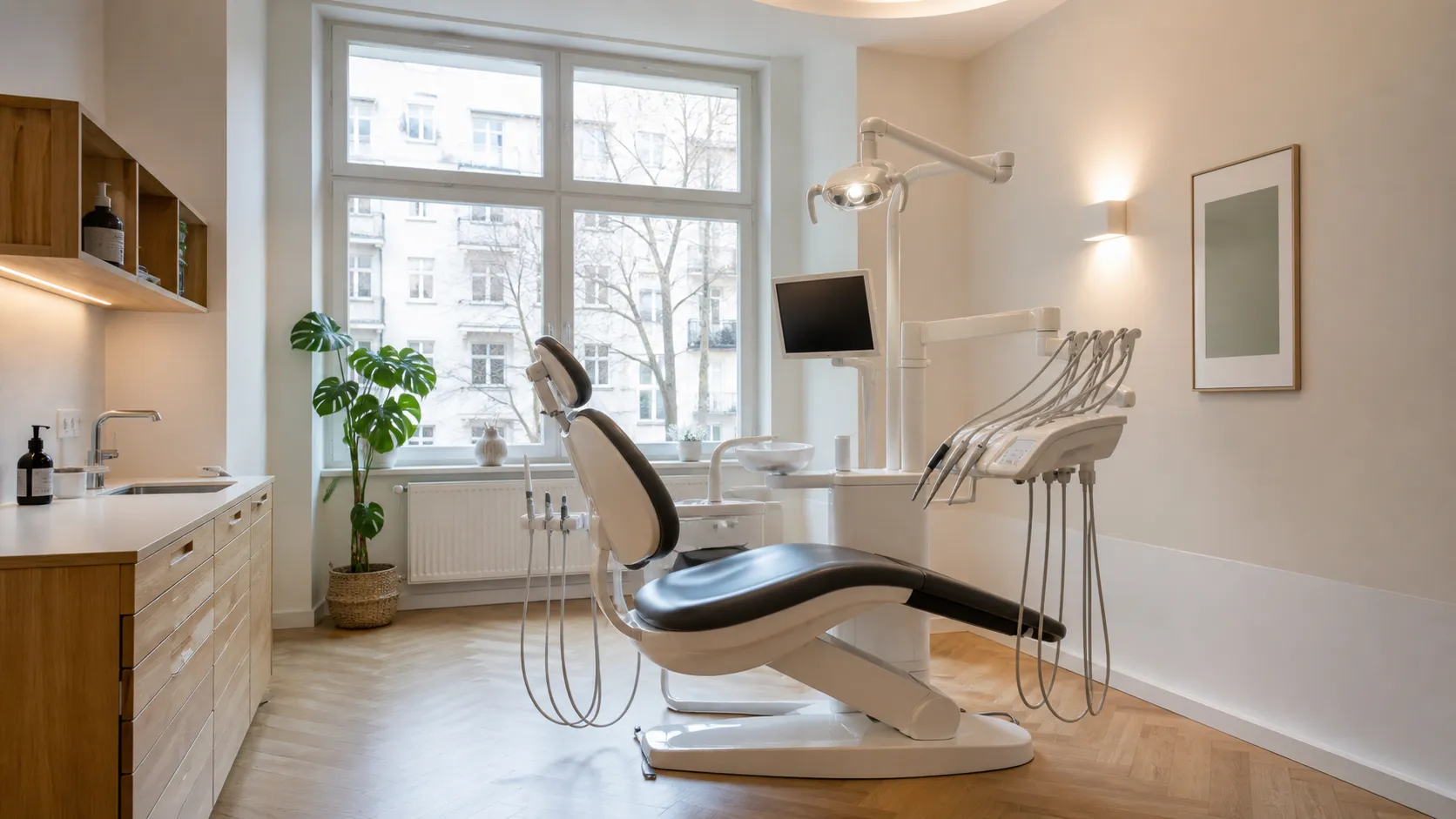 Heller Behandlungsraum mit Eichenmöbeln und großem Altbaufenster