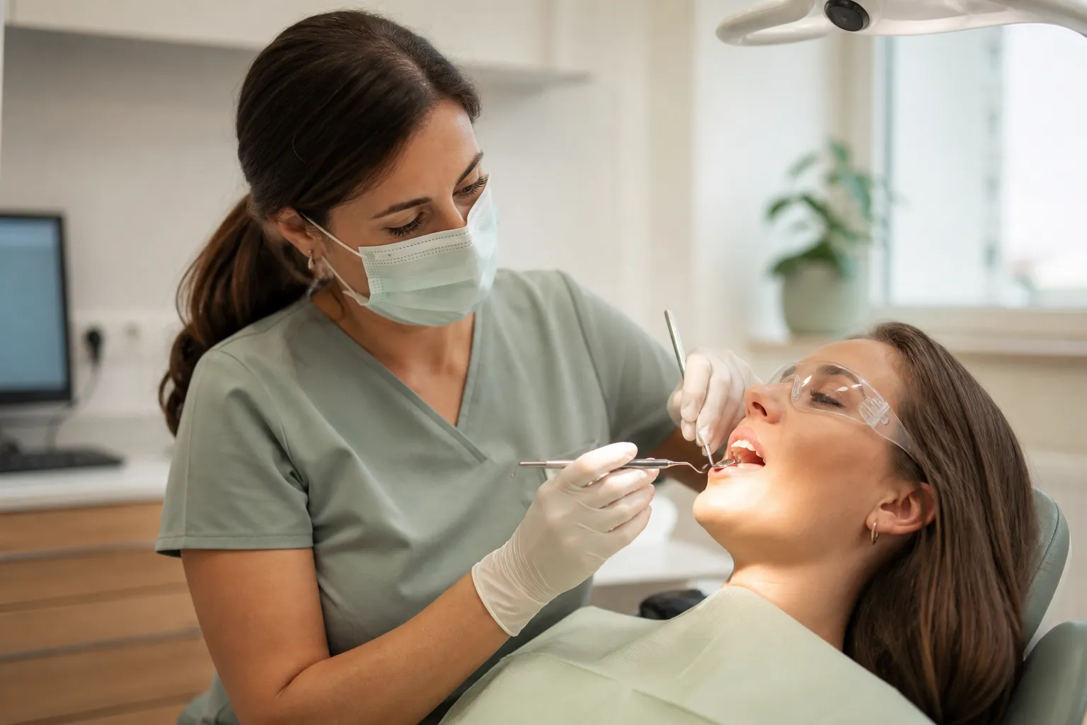 Dentalhygienikerin führt eine professionelle Zahnreinigung durch